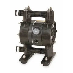 Air-operated double diaphragm pump with PVDF housing, PVDF seat, and PTFE check valves. 1/2 in NPT connections, 15 gpm flow rate, 231 ft maximum head. Suitable for transferring corrosive or abrasive fluids in chemical processing, plating, and wastewater treatment.