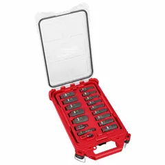 This 17-piece socket set includes 6-point SAE sockets ranging from 1/4 in to 15/16 in with a 3/8 in drive. Deep sockets are included for accessing recessed fasteners. The friction retention design helps secure sockets on the drive tool. Suitable for fastening and loosening hex fasteners in automotive, industrial, and construction applications.