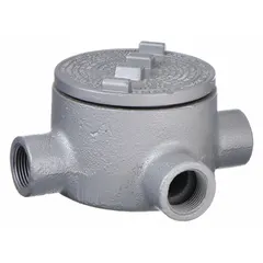 Conduit Outlet Body: Iron, GR, 3/4 in Trade Size, X Body, 18 cu in Body Capacity (MPN GRX75). Key specifications — Series: For Standard Body; Compatible Conduit Trade Size: 3/4 in; Thread Gender: Female; Hub Style: Threaded; Cover Included: Yes; Body Style: X; Connection Type: Threaded; Back Type: Round.