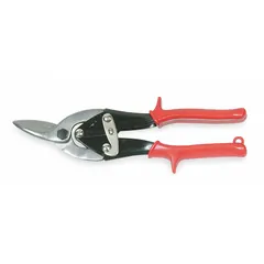 Left-handed metal snips with steel blades and plastic handles. Overall length of 9 3/4 inches with a 1 1/4 inch cutting length. Suitable for cutting sheet metal and thin metal materials in general metalworking tasks.