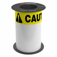 Yellow caution OSHA header supply precut label roll for use with LabelTac 9 printer. Acrylic adhesive. Dimensions: 12 in x 8 in, 8 in x 75 ft. Suitable for industrial safety labeling and hazard communication.