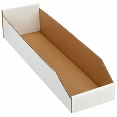 This light-use cardboard shelf bin measures 6 1/4 in x 4 3/4 in and is white. It contains 30-45% recycled content. Dividers are not included. Suitable for organizing small parts, supplies, or documents on shelves or workbenches in warehouses, retail backrooms, or offices. Not electrostatic discharge conductive.