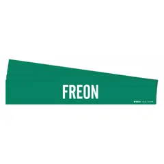 Green adhesive pipe markers with white 'FREON' legend for identifying pipes carrying Freon refrigerant. Designed for pipe outer diameters of 8 inches and larger. Each pack contains 5 markers without directional arrows. Suitable for industrial piping systems requiring clear labeling.