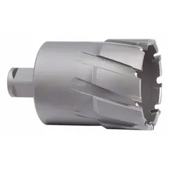 Bright finish carbide-tipped annular cutter with a 2-1/4 in diameter and 2 in maximum cutting depth. Features a Weldon Flat shank for secure mounting. Designed for cutting precise holes in tough materials such as structural steel and heavy plate.