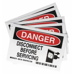 Polyester adhesive signs warning personnel to disconnect power before servicing equipment. Each sign measures 3 1/2 in x 5 in nominal size with 0.01 in thickness. Not retroreflective and does not glow in the dark. Supplied in a 5-pack. Suitable for application on machinery, panels, or enclosures in industrial settings.