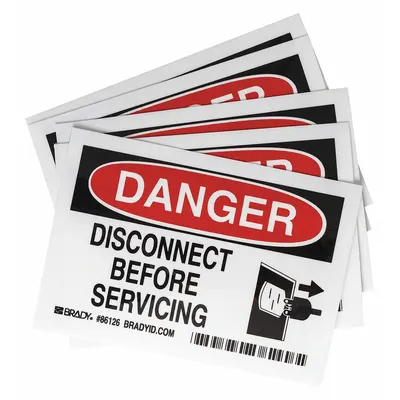 BRADY Label: Polyester, Adhesive Sign Mounting, 3 1/2 in x 5 in Nominal Sign Size - Danger: Disconnect Before Servicing Signs