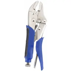 Curved-jaw locking pliers with quick-release mechanism for one-handed operation. 5 in overall length, 3/4 in jaw length, and 1 1/8 in maximum jaw opening. Suitable for gripping, clamping, and holding round or irregular workpieces in metalworking, automotive repair, and general maintenance.