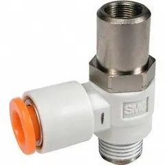 Elbow-style speed control valve with screwdriver slot adjustment. M5 valve body size with 1/8 in threaded connection. Used to regulate airflow and control actuator speed in pneumatic systems.