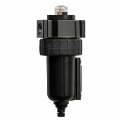 Coalescing filter for removal of oil aerosols and particulates down to 0.01 micron from compressed air systems. Features a polycarbonate bowl, 1/2 in NPT connections, flow capacity of 95 scfm, and maximum operating pressure of 250 psig. Used in pneumatic controls, instrumentation, and industrial processes requiring clean, oil-free air.