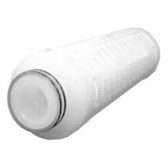 Pleated water filter cartridge with polypropylene media, rated for 70 gpm flow. Overall height 11 1/8 inches. Used in industrial water filtration for particle removal in process water, cooling systems, and pre-filtration applications.