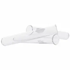 This KIMBLE glass test tube has a 25 mm body diameter and 200 mm overall height, providing a 75 mL capacity. It features a colorless, round bottom design and is not graduated. The tube does not include a closure. Suitable for general laboratory mixing, heating, and sample storage.