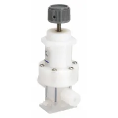This Parker pressure regulator is constructed from PTFE and modified PTFE for use with corrosive and ultra-pure liquids. It features a 1/4 in inlet connection size with Parflare x Parflare end connections. Typical applications include chemical handling, pharmaceutical processing, and semiconductor manufacturing where chemical resistance and purity are required.