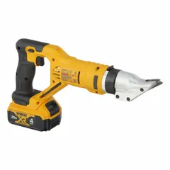 This 20V DC cordless shear uses a double cut cutting action for clean cuts in sheet metal. It has an 18 ga capacity in steel. The kit includes two 4.0 Ah batteries and a charger. Suitable for metal fabrication, HVAC, and construction applications.