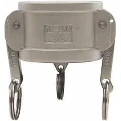 316 stainless steel dust cap with nitrile gasket for 3/4 in cam and groove couplings. Includes locking arm. Max working pressure 250 psi at 70°F. Overall length 1 3/4 in. Used to protect coupling ends from dirt and debris when disconnected.