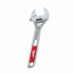 General-purpose adjustable wrench with a 6-inch overall length and 15/16-inch jaw capacity. Constructed from alloy steel with a chrome finish for corrosion resistance. Suitable for tightening or loosening nuts, bolts, and fittings in plumbing, mechanical, and maintenance applications.