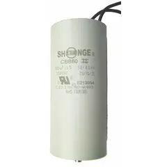 Running capacitor for air compressor motors, providing continuous phase shift to the start winding to improve torque and efficiency during operation. Suitable for use as a replacement component in compatible industrial air compressor systems.