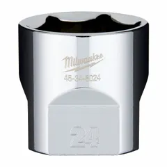 This 3/8 in drive, 24 mm, 6-point standard anti-roll hand socket is made of chrome. The anti-roll design prevents the socket from rolling on sloped surfaces. It is used for tightening or loosening metric fasteners in automotive, industrial, and maintenance applications.