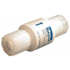 PTFE poppet check valve with 3/8 in pipe size and flare x flare male connections. Designed for corrosive and general purpose media, it prevents backflow in fluid systems. Suitable for chemical processing and industrial applications requiring chemical resistance.