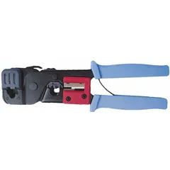 This modular data plug crimper is used for terminating RJ-11, RJ-12, and RJ-45 connectors onto data cables. It features a deluxe cushion grip handle for comfort and a non-insulated design. Overall length is 7 7/8 inches. Suitable for networking and telecommunications cable assembly.