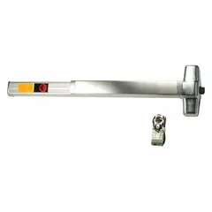 Rim-type exit device with touchbar style, finished in chrome. ADA compliant for accessible egress. Suitable for commercial doors up to 3 ft wide, providing code-compliant panic exit in buildings such as offices, schools, and hospitals.