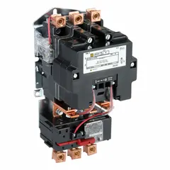 Three-phase, NEMA Size 4 non-reversing magnetic motor starter rated at 135 A with a 110/120V AC coil. Features electronic overload protection and screw clamp terminals. Suitable for starting and protecting motors in applications such as pumps, conveyors, and compressors.