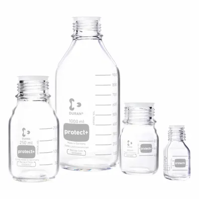 DURAN Narrow Mouth Round Glass Bottles - Safety Coated: 25 mL, 25 mm, Colorless - Safety Coated Wide Mouth Round Glass Lab Bottles