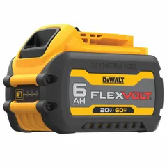 The DEWALT DCB606 is a FLEXVOLT battery that automatically switches voltage when used with compatible tools, delivering 6 Ah capacity. It operates at 20V DC or 60V DC for extended runtime across a range of cordless power tools. Suitable for construction, woodworking, and maintenance tasks.