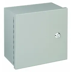 This NEMA 1 steel indoor enclosure measures 6 x 6 x 4 inches and features a hinged solid painted cover secured by a 1/4-turn latch. It is designed to house electrical controls, terminals, and wiring in indoor environments where protection from dust and light impact is needed. Knockouts are not included.