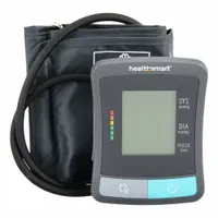 This arm-type blood pressure monitor is designed for adult patients. It includes a nylon cuff and features a Visual BP Guide to assist with reading interpretation. The monitor is suitable for clinical or home use