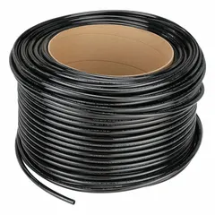Metric polyurethane tubing with 10 mm inner diameter and 12 mm outer diameter, supplied in a 500 ft length. Black in color with a Shore A 90 to 95 hardness. Rated for maximum operating pressure of 150 psi at 180°F. Suitable for pneumatic and fluid transfer applications in industrial automation and material handling.