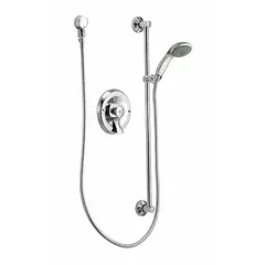 This two-handle shower faucet includes a hand-held showerhead and a fixed brass showerhead with a 1.5 gpm flow rate. The chrome finish and brass construction suit commercial applications such as hotels, gyms, and locker rooms. Two handles allow separate control of temperature and flow.