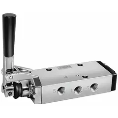 Four-way, two-position spool valve with lever actuator and detent operation. Aluminum body with 3/8 in female NPT ports. Used in pneumatic systems for directing compressed air to actuate cylinders or other devices.