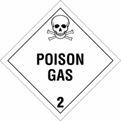 Class 2: Gases placard measuring 10 3/4 in x 10 3/4 in with a 10 3/4 in label height. Displays the message 'Poison Gas 2' for identifying containers holding hazardous gases during transport and storage.