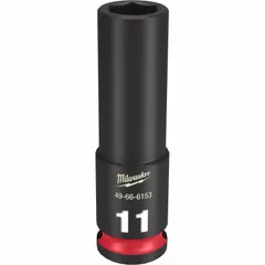 This 3/8" drive impact socket features an 11 mm metric size with a 6-point deep profile for accessing recessed fasteners. The friction retention design secures the socket on the anvil. Suitable for use with impact wrenches in automotive, construction, and maintenance tasks.