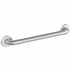 This straight grab bar is constructed from stainless steel with a knurled satin finish for a slip-resistant surface. It measures 24 inches in length and 1 1/4 inches in diameter. The anti-microbial property helps inhibit bacterial growth, making it suitable for use in bathrooms, showers, and other areas where hygiene and secure grip are required.