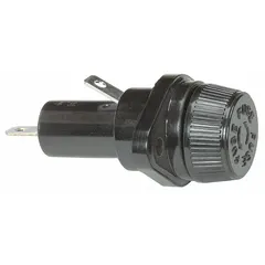 Single-pole panel mount fuse holder for cylindrical fuses sized 3/8 in x 1 5/16 in. Rated 15 A max and 600 V AC. Features a screw knob cap style and 1/4 in quick-connect termination. Suitable for use in control panels, power distribution units, and electrical enclosures.