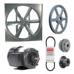 Unassembled belt-drive panel supply fan with a 48-inch blade and totally enclosed motor. Delivers 19,995 cfm at 208-230/460V AC, three-phase. Suitable for industrial ventilation, exhaust, or supply air applications in facilities requiring a belt-drive configuration.