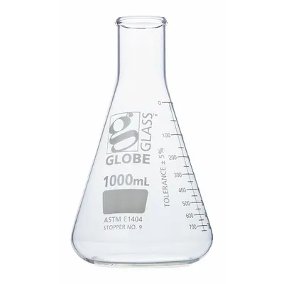 GLOBE SCIENTIFIC Erlenmeyer Flask: 1 L, Colorless, Conical, A - Glass Erlenmeyer Flasks