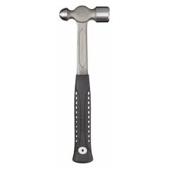 This standard ball-peen hammer features a steel head with a textured grip for secure handling. With an 8 oz head weight, 7/8 in face diameter, and 10 in overall length, it is suited for metalworking tasks such as shaping metal, striking chisels, and rounding rivet heads.