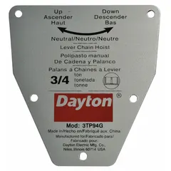 Replacement capacity label for Dayton brand material handling equipment, specifically model 3TP94G. Displays rated load capacity and operating specifications to support safe operation. Direct replacement part for maintenance and repair.