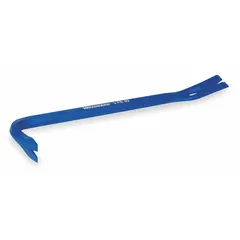 Wrecking bar with double claw end and offset end angle for prying and demolition tasks. Overall length 17 in with three nail slots for nail pulling. Suitable for construction, renovation, and general maintenance applications.
