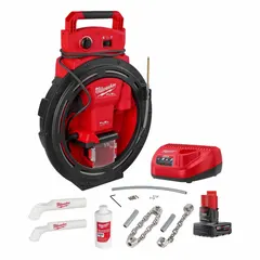 Cordless drum machine head attachment kit for cleaning 1 1/4 in to 2 in pipes. Uses a 1/4 in cable. Powered by M12™ battery for portable operation in drain maintenance and plumbing applications.