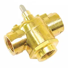 3-way zone valve with 1/2" NPT connections and a flow coefficient (Cv) of 2.5. Designed for hydronic HVAC systems to control water flow to heating or cooling zones.