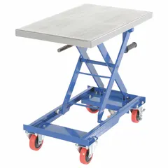This manual scissor-lift table is constructed with a steel platform measuring 27 1/2 inches long by 17 3/4 inches wide and supports loads up to 330 lb. Height adjustment is controlled by a hand crank, allowing precise positioning for assembly, maintenance, and warehousing tasks.