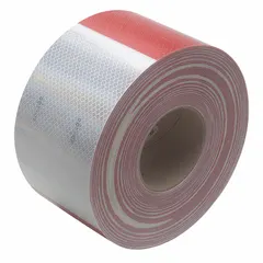 Red/white acrylic reflective tape for marking trailers and other commercial vehicles. Measures 4 inches wide by 50 yards long. Designed for outdoor use to improve visibility and meet conspicuity requirements.