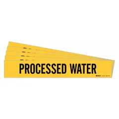 Yellow adhesive pipe marker with black legend text reading 'Processed Water'. Designed for pipes with outer diameter of 8 inches and larger. Pack of 5 markers without arrows. Used to identify pipes carrying processed water in industrial facilities.