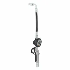 Digital metered preset dispense gun with automatic operation for controlled fluid dispensing. Features a 1/2 inch FNPT connection. Suitable for industrial fluid transfer and lubrication applications requiring precise, preset dispensing from drums.