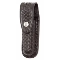 Black leather flashlight pouch with basket weave pattern and snap closure. Designed for belt or gear attachment, providing secure storage and quick access to a standard-sized flashlight. Suitable for duty use by security and industrial personnel.