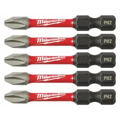 This 5-pack of impact bits features a #2 Phillips drive with a standard hex shank, made from alloy steel. Designed for use with impact drivers, these bits are suited for common fastening tasks in construction and assembly. Imperial sizing, PH2 bit industry size.