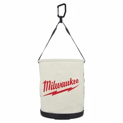 White canvas bucket bag with open-top design and carabiner for secure attachment. Dimensions: 11 13/16 in width, 14 9/16 in height, 11 13/16 in length. No pockets. Suitable for carrying tools and accessories on job sites.